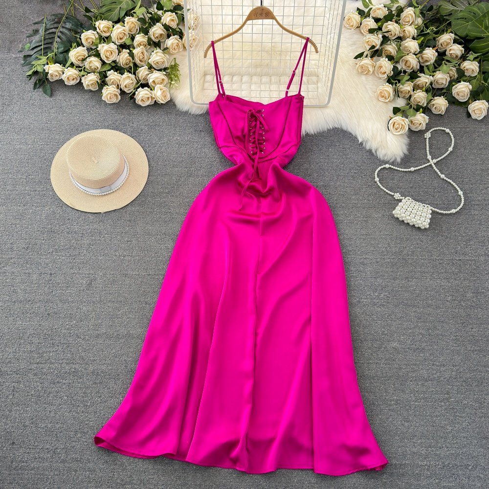 Fashion Premium Sheath a-line Rose Sleeveless Satin Sexy Gown Spaghetti Strap Dresses