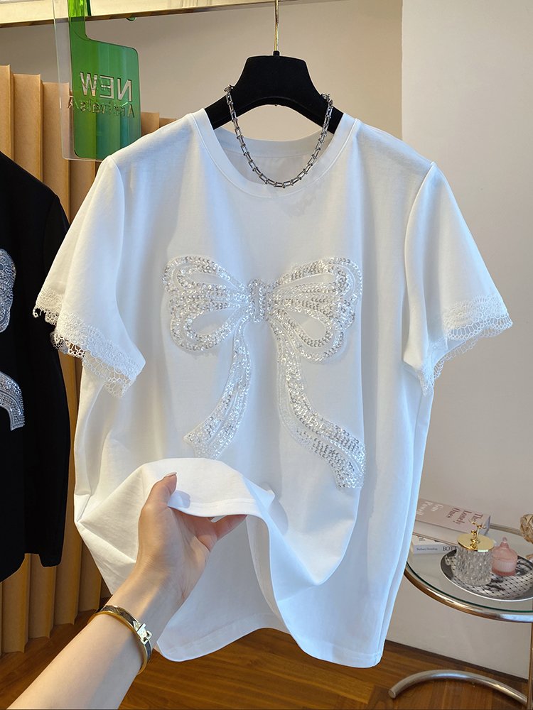 High quality short-sleeved t-shirt women's cotton 2022 summer mid-length 3D cartoon embroidery round neck loose women's top