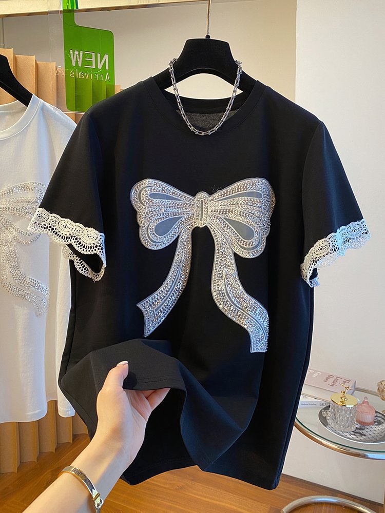 High quality short-sleeved t-shirt women's cotton 2022 summer mid-length 3D cartoon embroidery round neck loose women's top