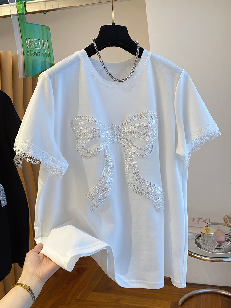 High quality short-sleeved t-shirt women's cotton 2022 summer mid-length 3D cartoon embroidery round neck loose women's top