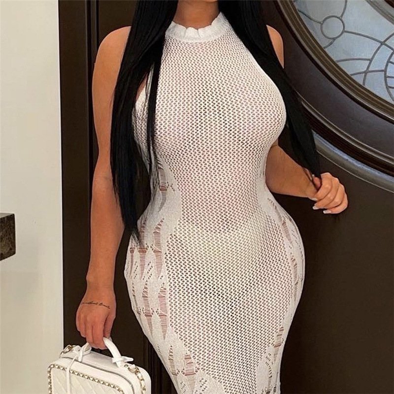 Autumn New Arrivals Sexy See Through Elegant Maxi Dresses Ladies Slim Dress Solid Women Casual Dresses