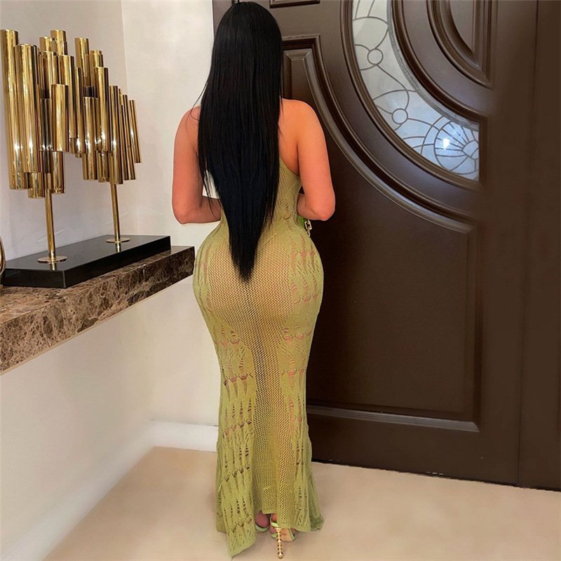 Autumn New Arrivals Sexy See Through Elegant Maxi Dresses Ladies Slim Dress Solid Women Casual Dresses