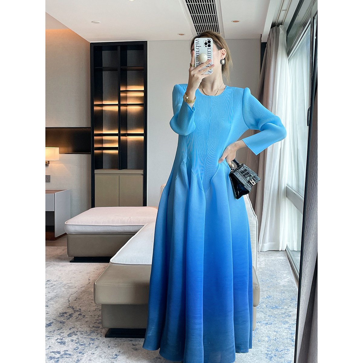 2024 Custom Digital Printing Vintage Elegant Mid-Length Casual Dresses Loose Plus Size Gradient Colour Women Long Dresses