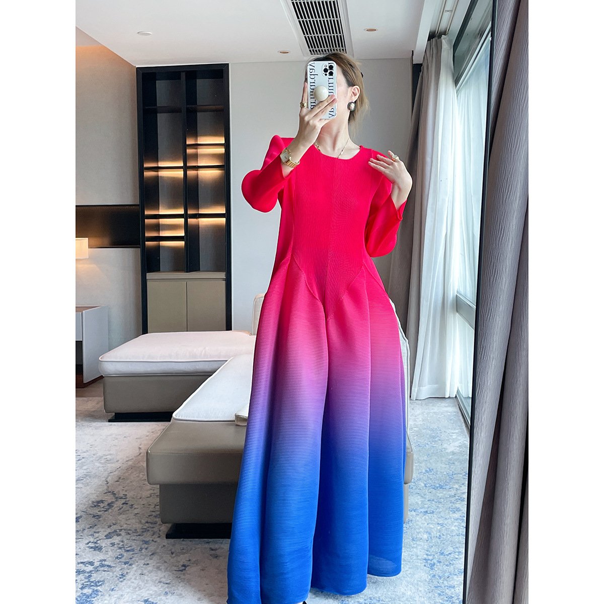 2024 Custom Digital Printing Vintage Elegant Mid-Length Casual Dresses Loose Plus Size Gradient Colour Women Long Dresses