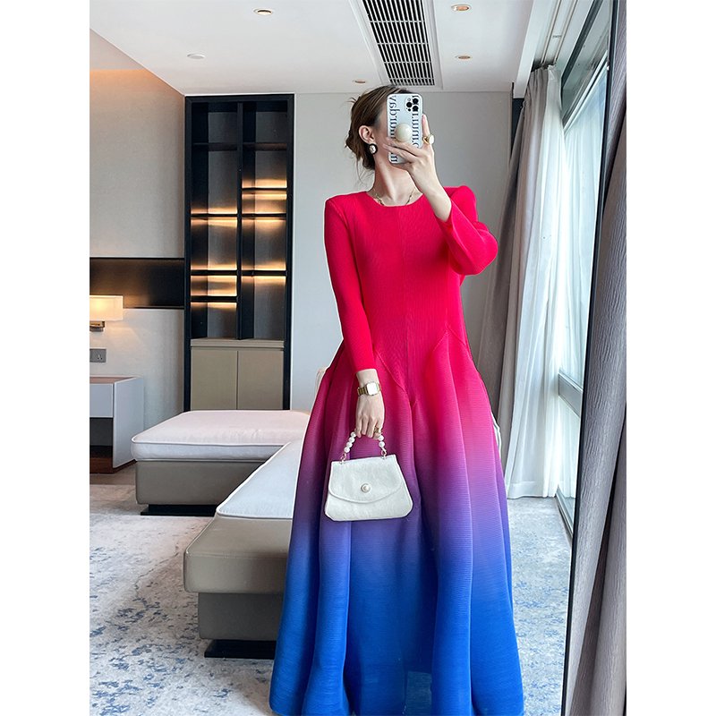 2024 Custom Digital Printing Vintage Elegant Mid-Length Casual Dresses Loose Plus Size Gradient Colour Women Long Dresses