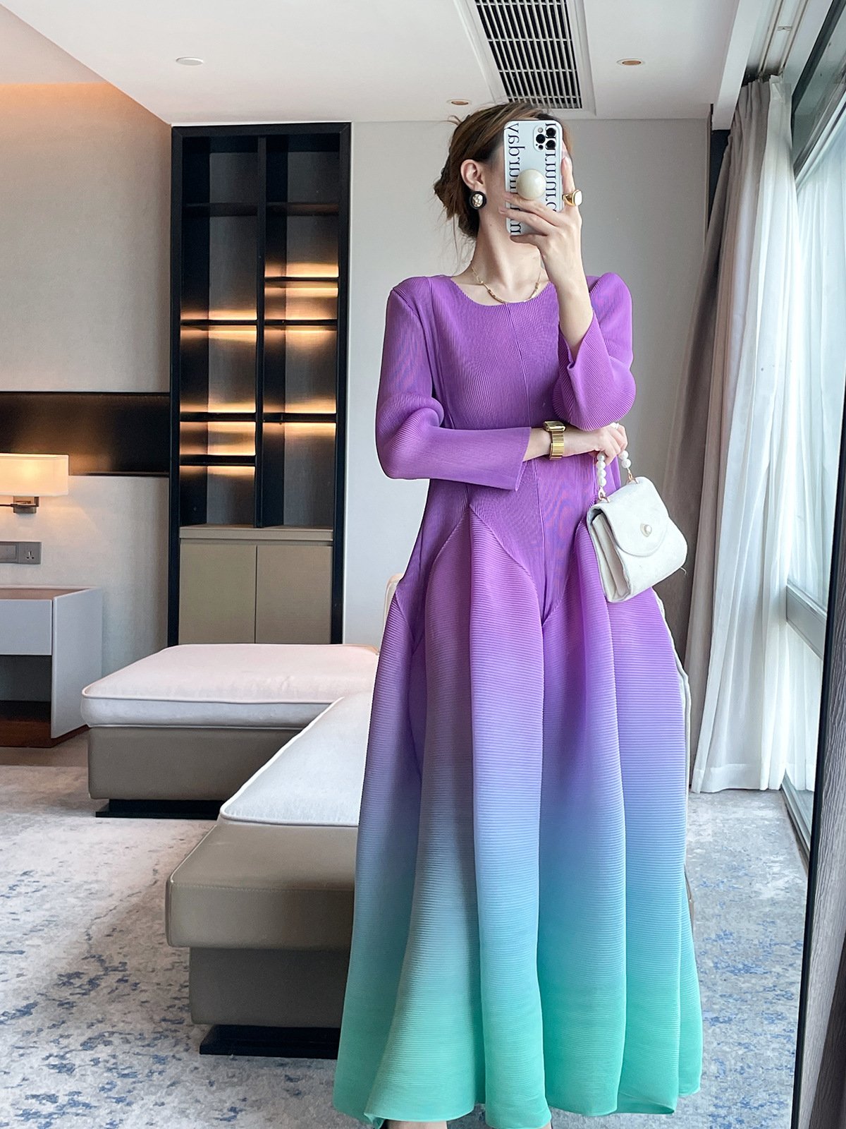 2024 Custom Digital Printing Vintage Elegant Mid-Length Casual Dresses Loose Plus Size Gradient Colour Women Long Dresses