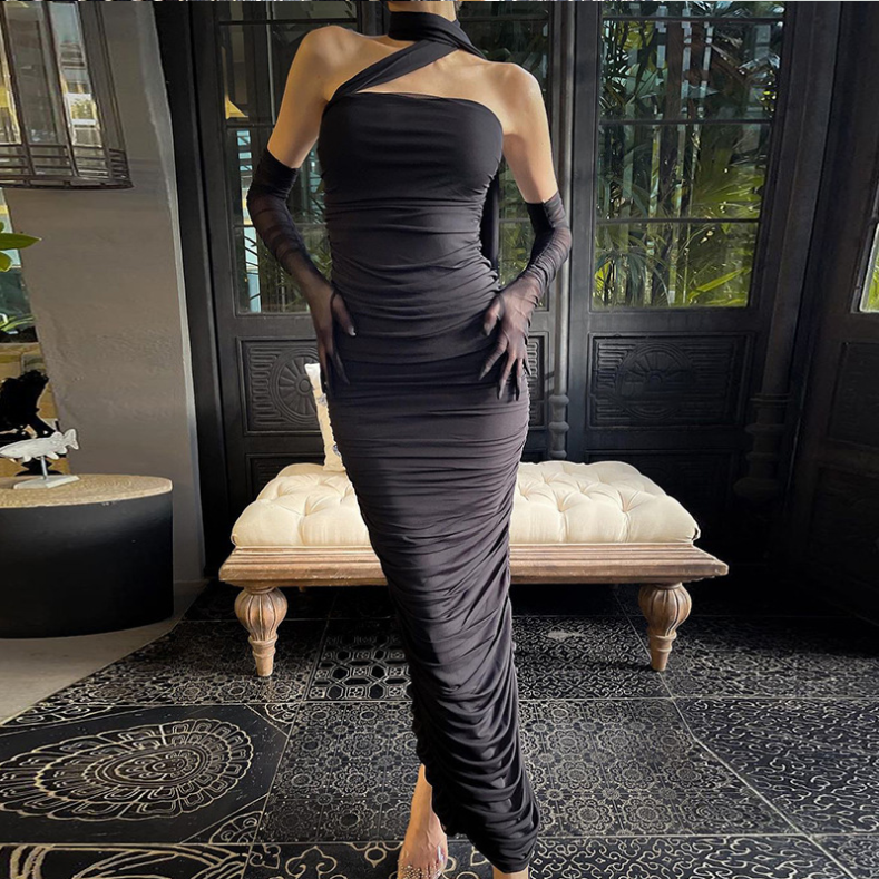USA 2023 Women Clothing Holiday New arrival sexy hanging neck pleated slim women dress elegant pink stylish casual dresses