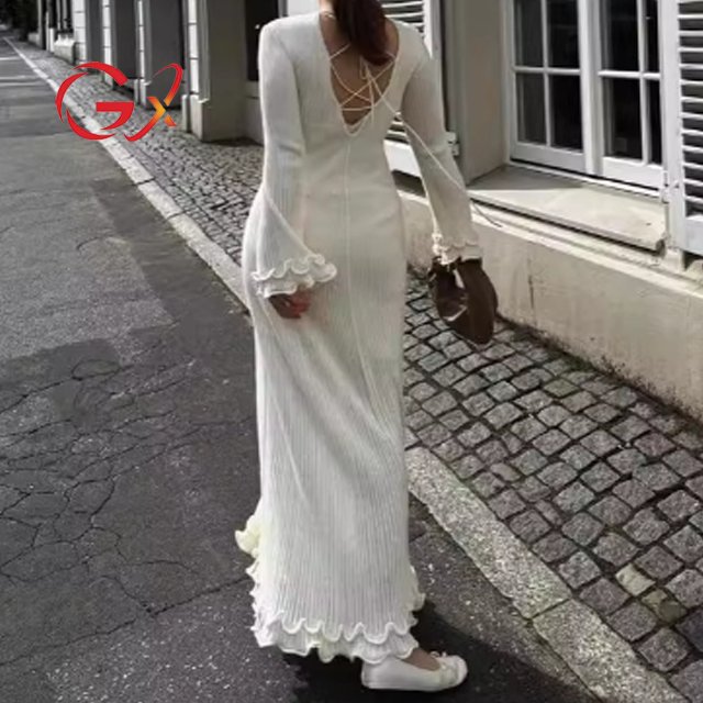 GX0204 Good Quality Spring Autumn Dress Perspective O-Neck Long Ruffle Sleeve Slim Fit Knitted Evening Maxi Dresses