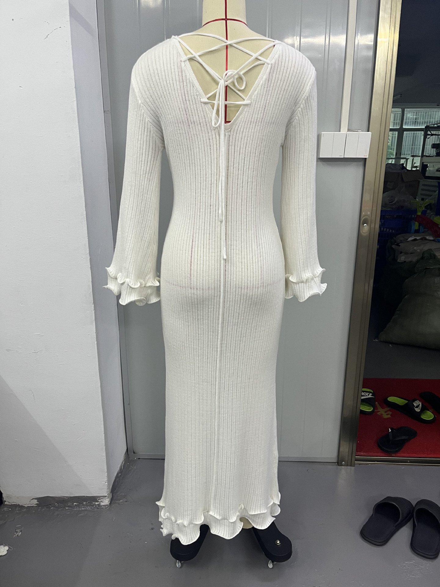 GX0204 Good Quality Spring Autumn Dress Perspective O-Neck Long Ruffle Sleeve Slim Fit Knitted Evening Maxi Dresses