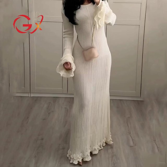 GX0204 Good Quality Spring Autumn Dress Perspective O-Neck Long Ruffle Sleeve Slim Fit Knitted Evening Maxi Dresses