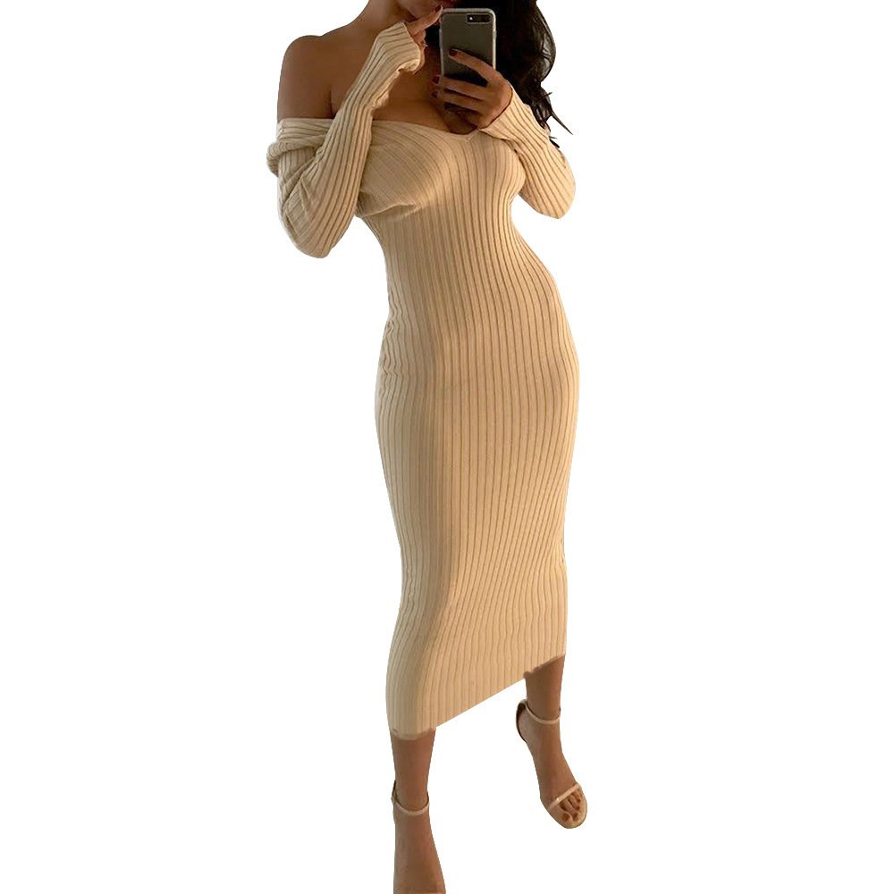 Sexy Off-the-shoulder Dress from a European or American Nightclub Long - Sleeved Big V Neck Women Dress