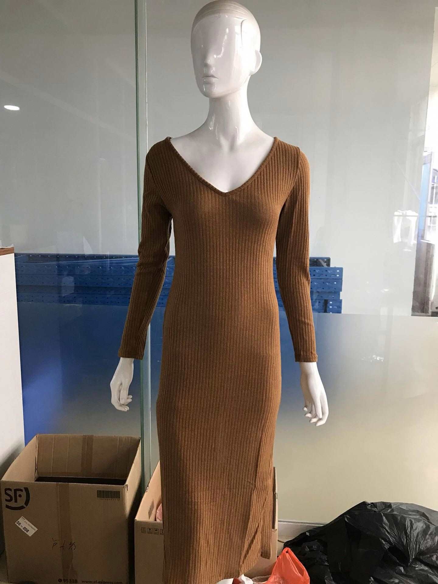Sexy Off-the-shoulder Dress from a European or American Nightclub Long - Sleeved Big V Neck Women Dress