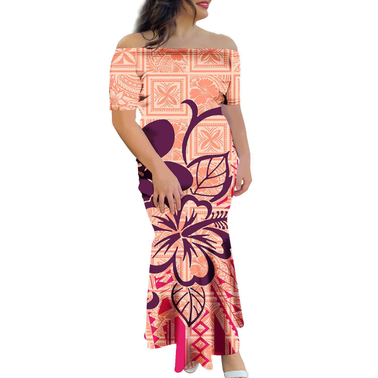 MOQ1 Wholesale Hot Style Puletasi Samoa Off Shoulder Fishtail Dresses Custom Casual Dresses Women Lady Elegant Polynesian Dress