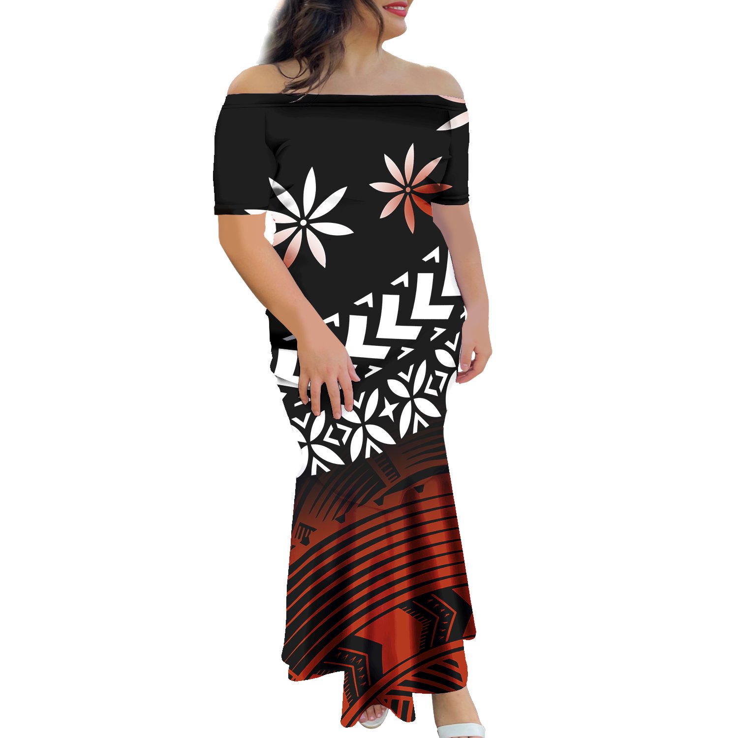 MOQ1 Wholesale Hot Style Puletasi Samoa Off Shoulder Fishtail Dresses Custom Casual Dresses Women Lady Elegant Polynesian Dress