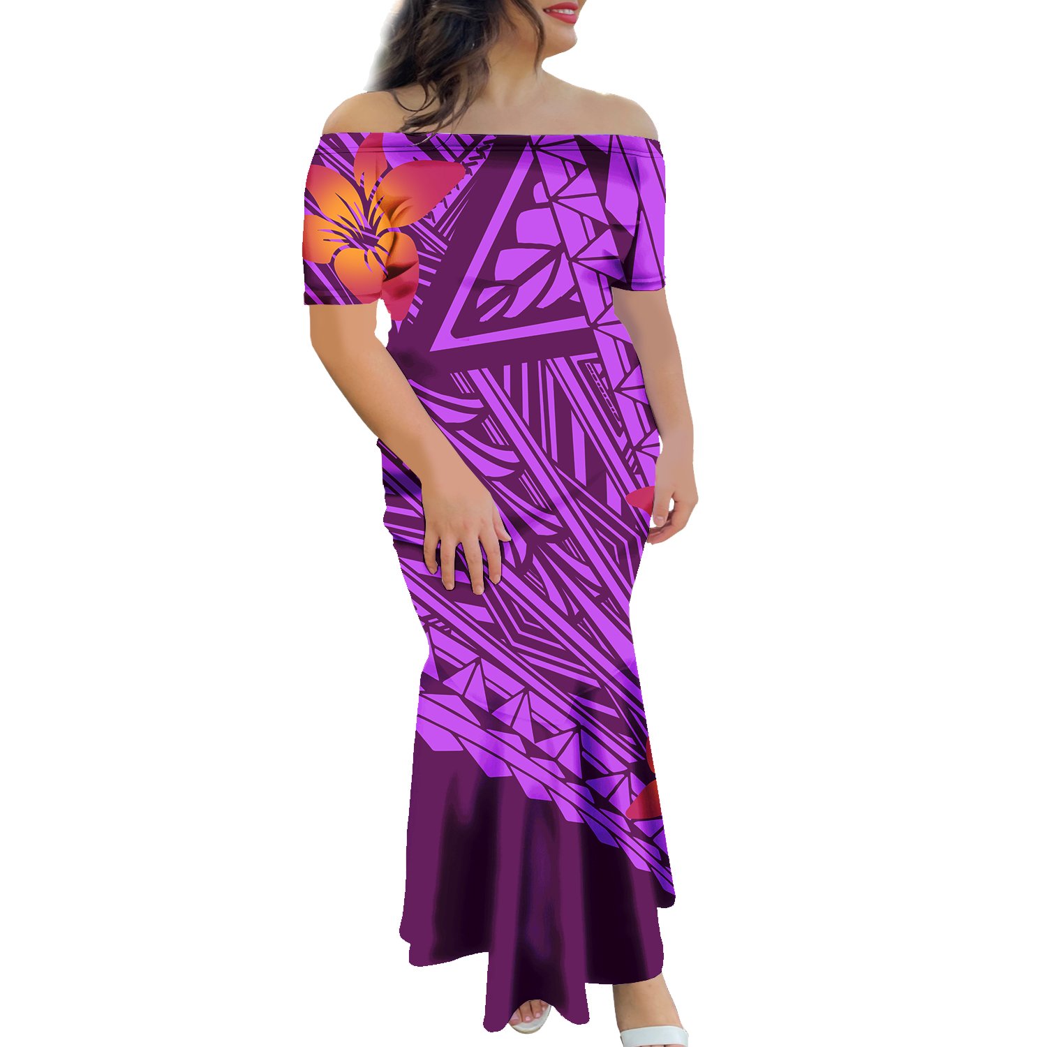 MOQ1 Wholesale Hot Style Puletasi Samoa Off Shoulder Fishtail Dresses Custom Casual Dresses Women Lady Elegant Polynesian Dress