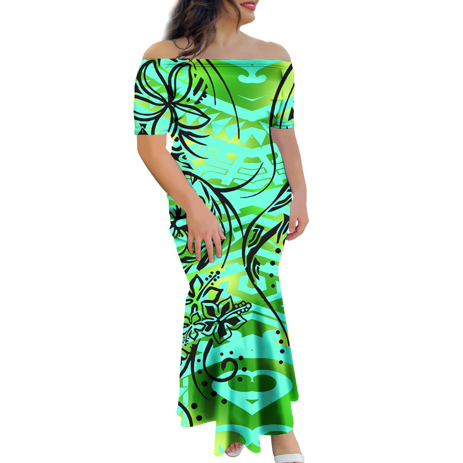MOQ1 Wholesale Hot Style Puletasi Samoa Off Shoulder Fishtail Dresses Custom Casual Dresses Women Lady Elegant Polynesian Dress