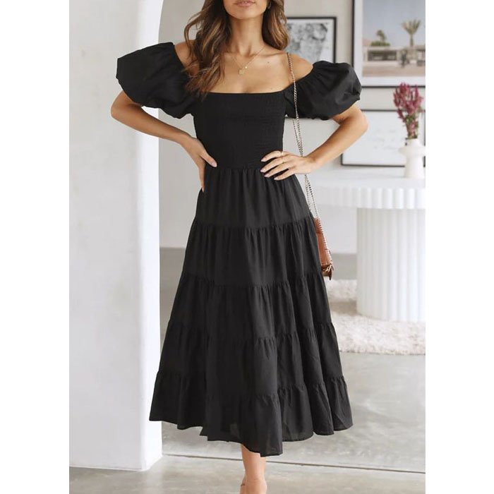 QZ2328 New 2023 summer chic puff sleeve slim waist square neck dress women casual dresses clothing 4