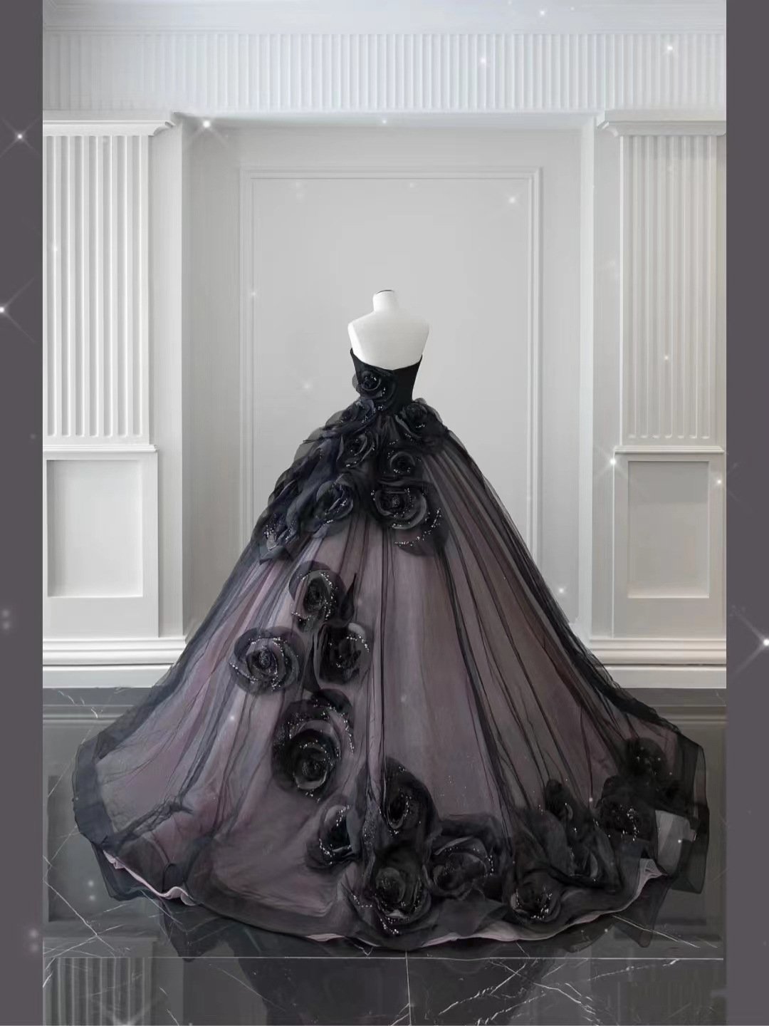 Black strapless main wedding dress 2023 Catwalk dress tail Heavy advanced flower glitter sequins Evening Wedding dress