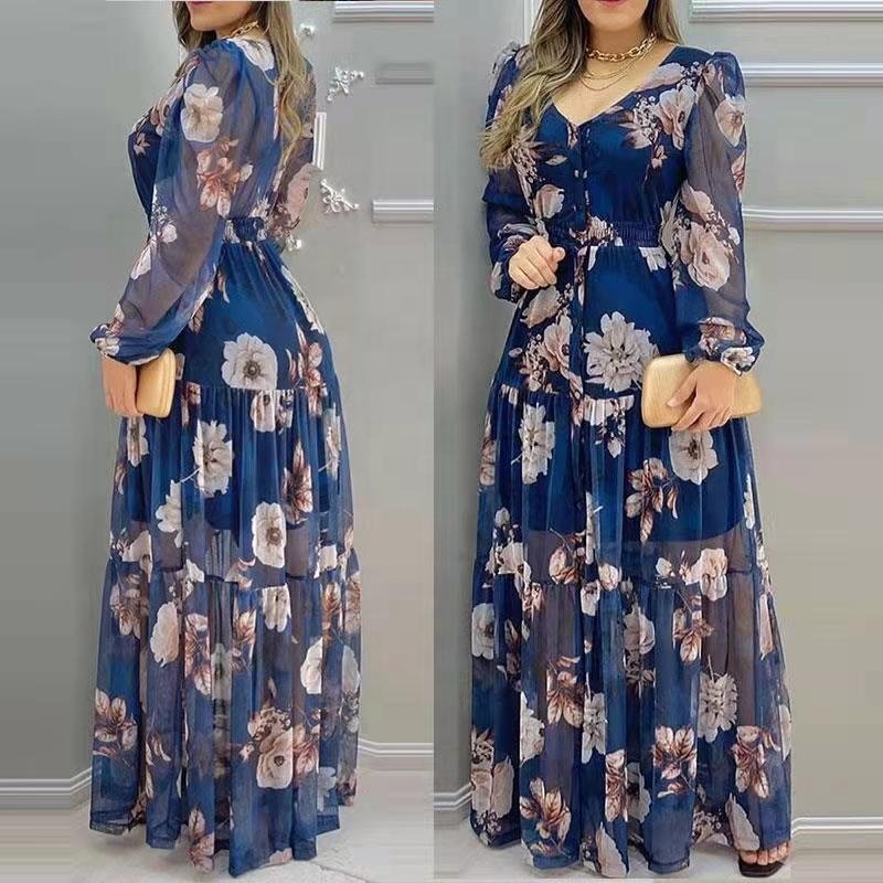 YT Casual Ladies Fashion Chiffon Sexy V Neck Mesh Print Maxi Floral Dresses Women Elegant Long Dress