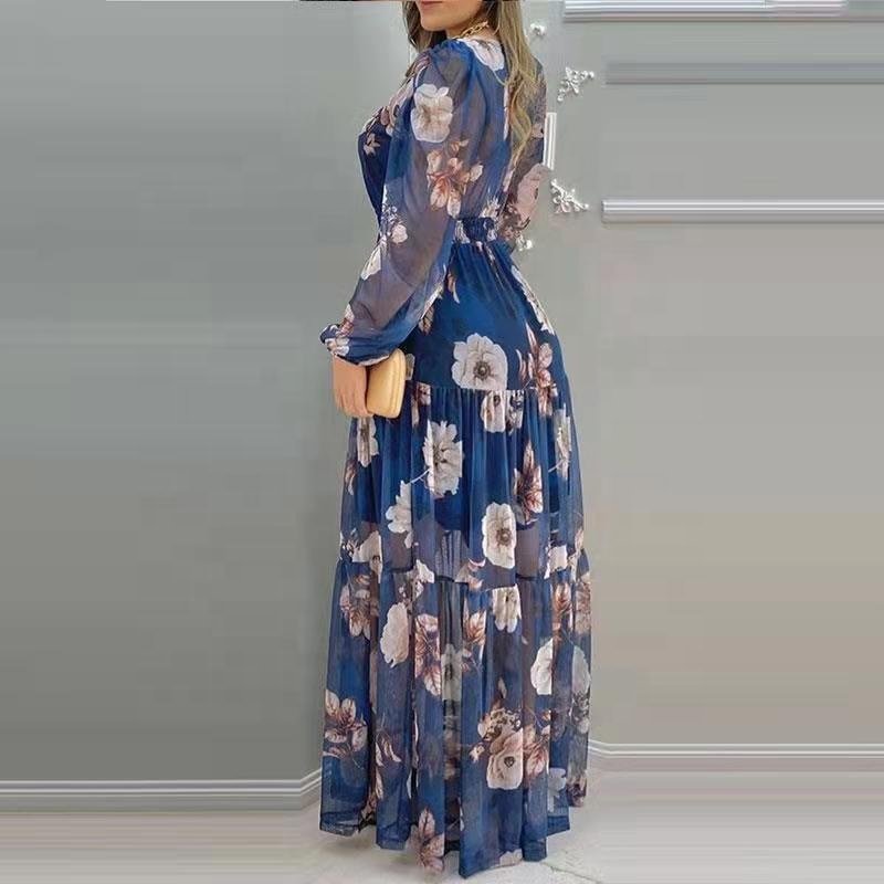YT Casual Ladies Fashion Chiffon Sexy V Neck Mesh Print Maxi Floral Dresses Women Elegant Long Dress
