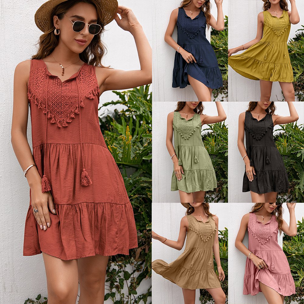 Summer V-Neck Sleeveless Dress Products Plus-Size Fashion Wear Solid Color Casual Look