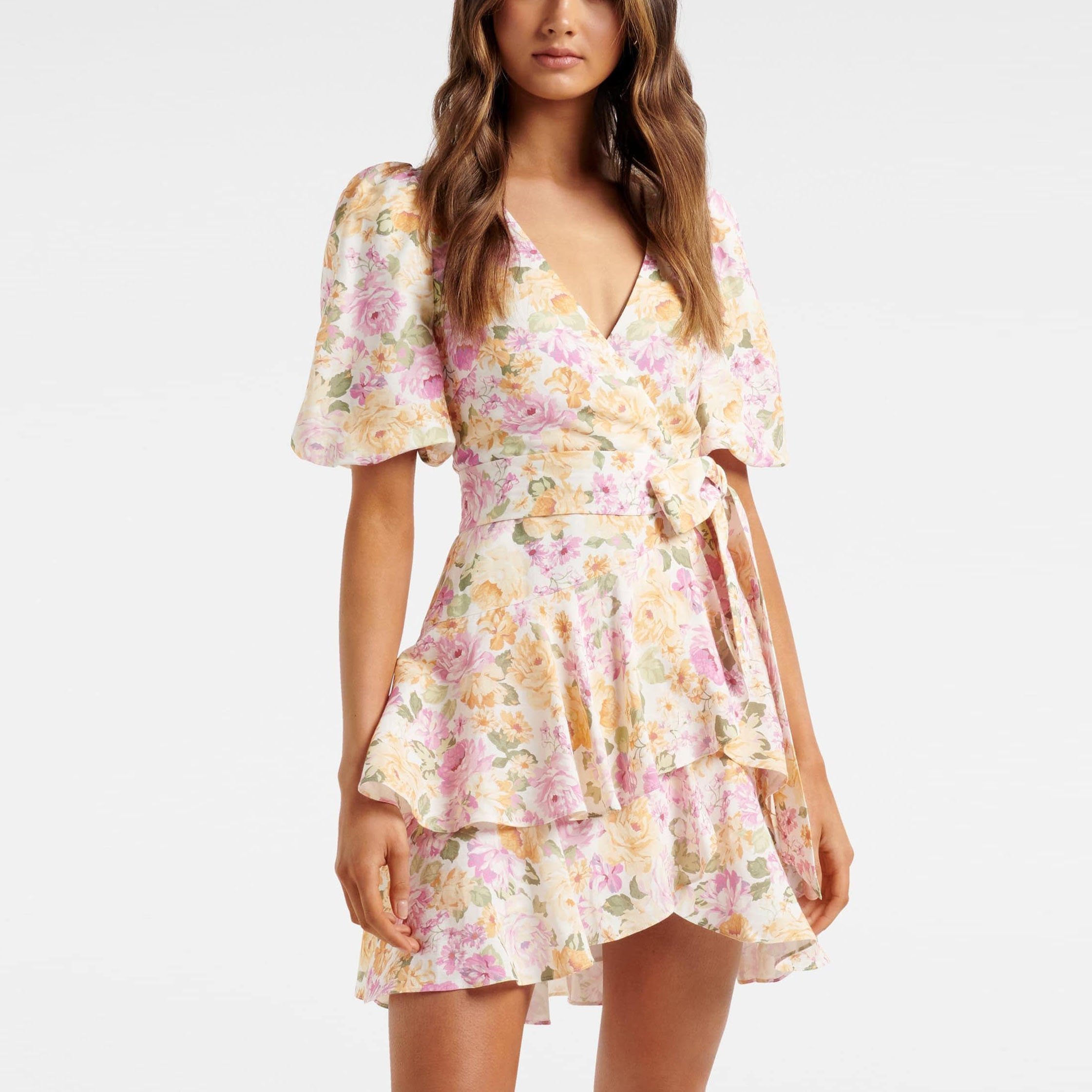Custom fashion women's new summer yellow printed linen casual V-neck back zipper layered Mini Dress