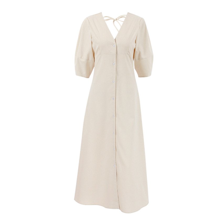 French Ladies Beige Cotton Linen Puff Sleeve Dress Women Summer Open Back Loose V Neck Shirt Casual Dress Midi Dress