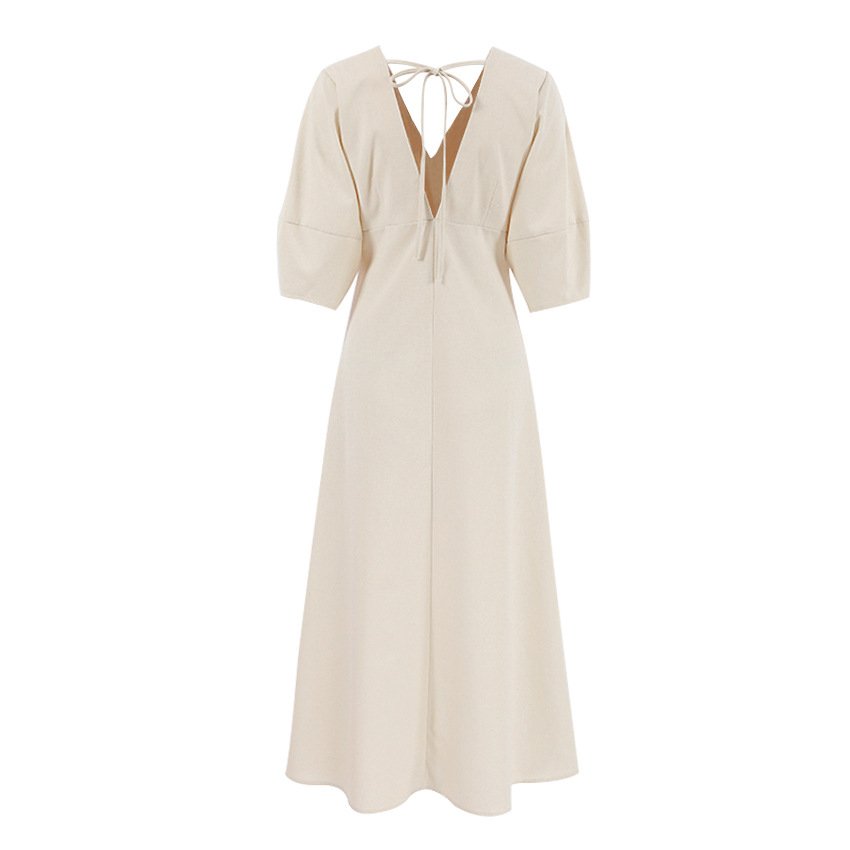 French Ladies Beige Cotton Linen Puff Sleeve Dress Women Summer Open Back Loose V Neck Shirt Casual Dress Midi Dress