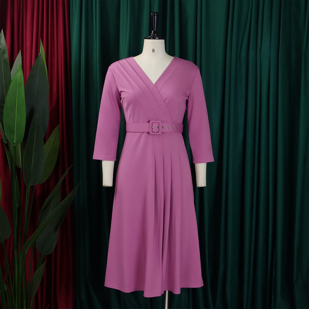 Church Dresses for Women 2024 Casual Fashion V-Neck Pleated Elastic Elegant 3/4 Sleeve Formal Classy Office Ladies Modest Dress