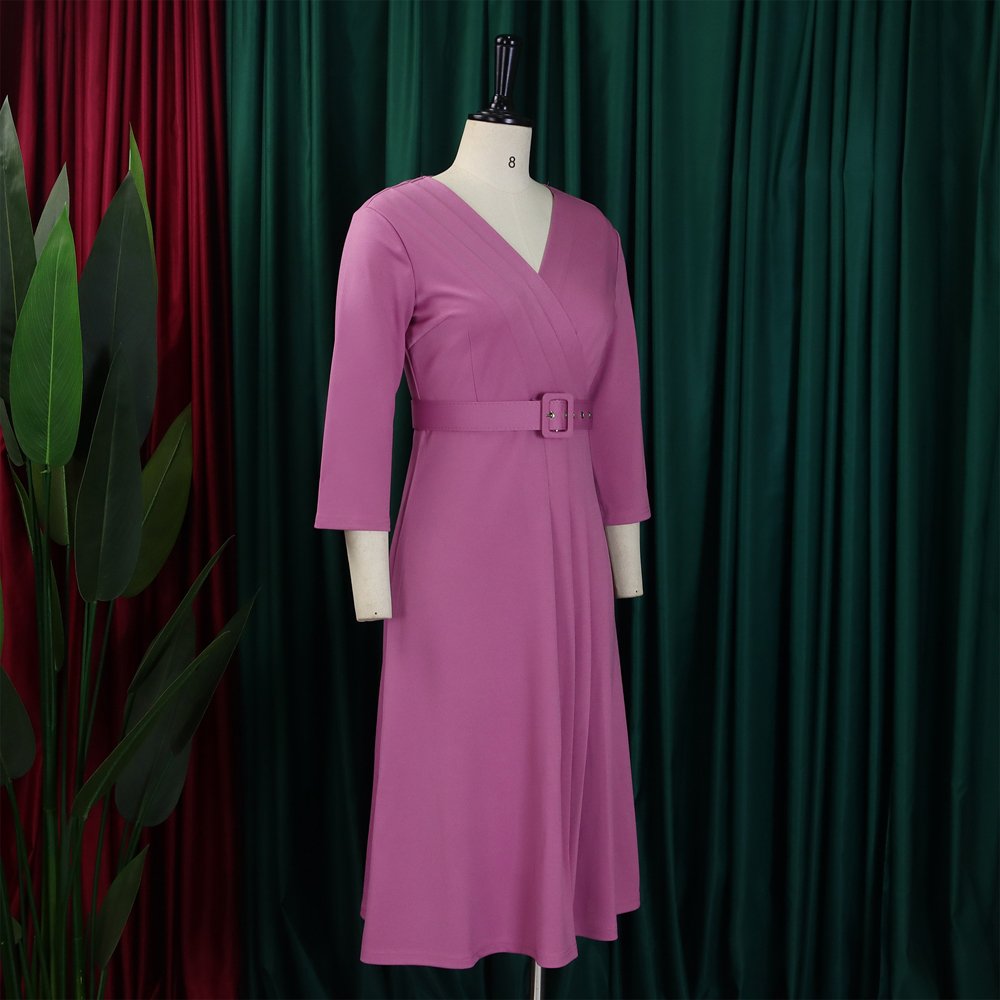 Church Dresses for Women 2024 Casual Fashion V-Neck Pleated Elastic Elegant 3/4 Sleeve Formal Classy Office Ladies Modest Dress
