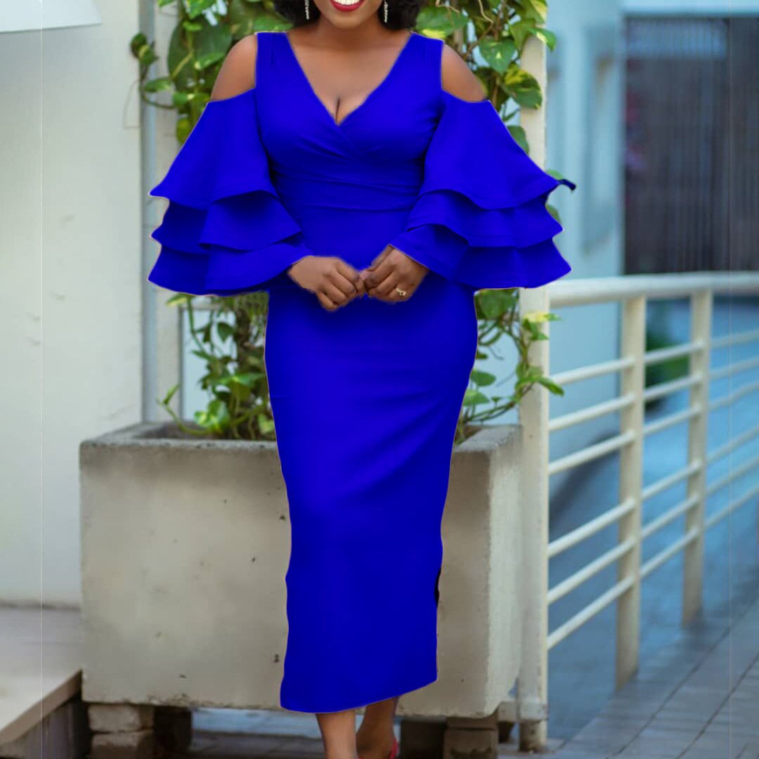 Stock Hot Sale New Large Size Women's Skirt Off-the-shoulder Solid Color V-neck Professional Office African Dress