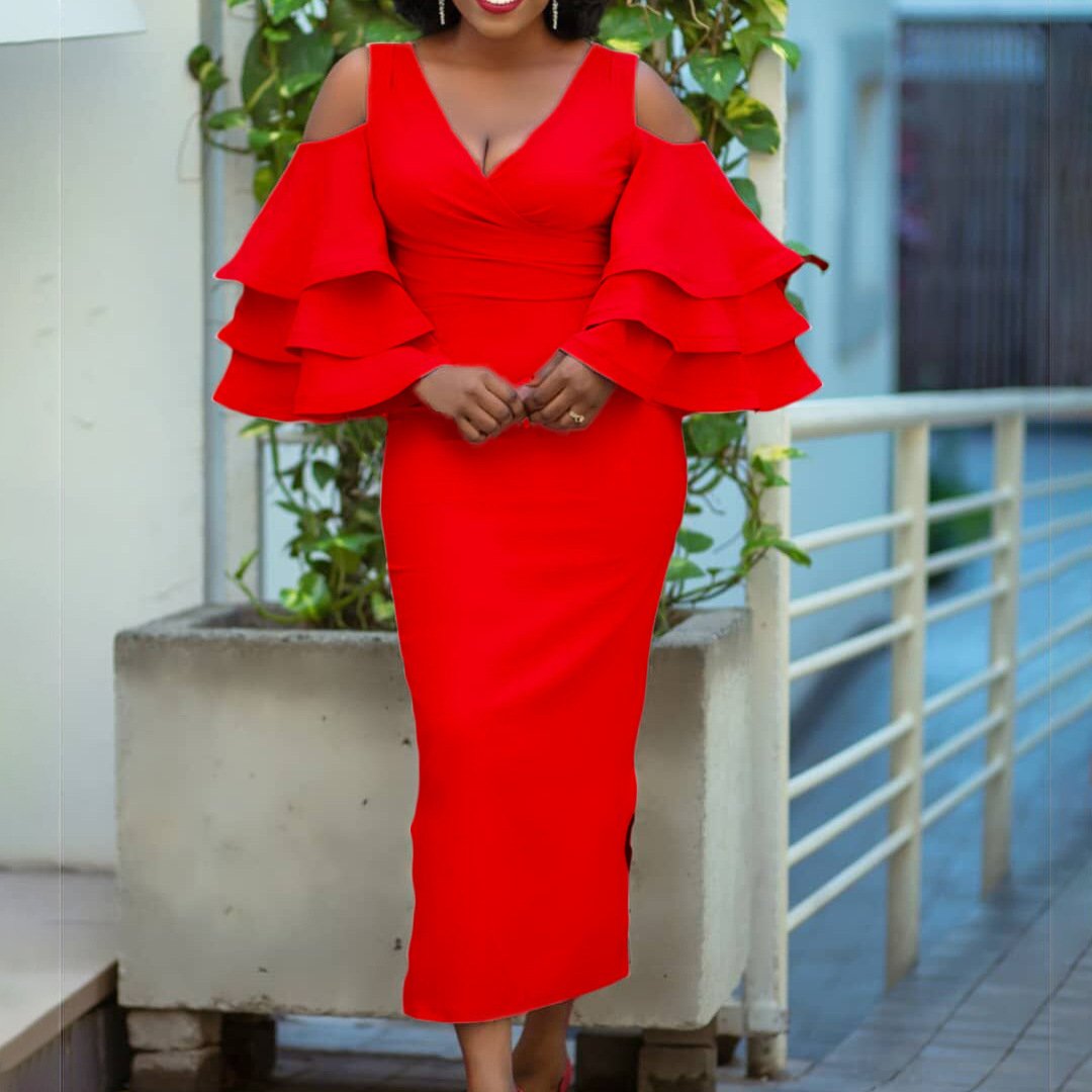 Stock Hot Sale New Large Size Women's Skirt Off-the-shoulder Solid Color V-neck Professional Office African Dress