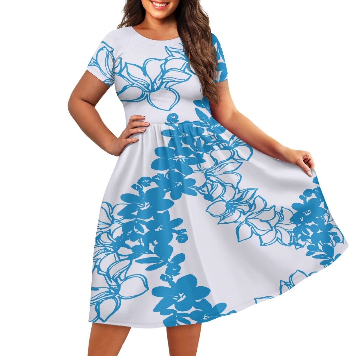 High Quality Clothing Custom Puakenikeni Plus Size Women's Casual Dresses Print On Demand Ladies Short Sleeve Wide Collar Dress