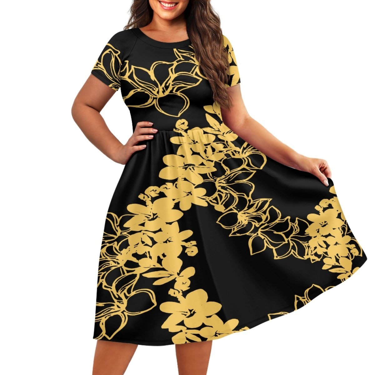 High Quality Clothing Custom Puakenikeni Plus Size Women's Casual Dresses Print On Demand Ladies Short Sleeve Wide Collar Dress