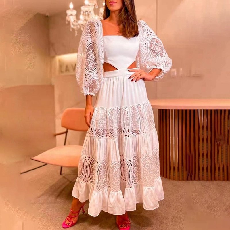 Elegant Casual Fashion Dress Women's Autumn New Square Neck Fluffy Sleeve Lace Embroidery Dress