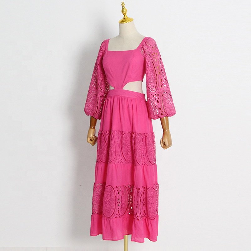 Elegant Casual Fashion Dress Women's Autumn New Square Neck Fluffy Sleeve Lace Embroidery Dress