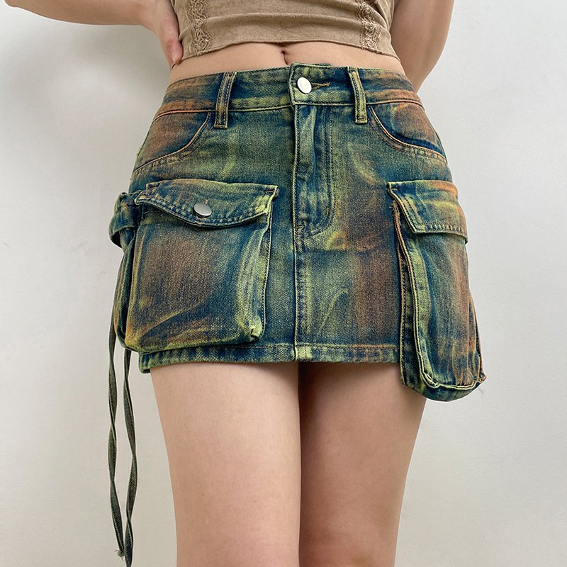2024 Vintage Style Women's Mini Jean Dress Sexy Tie-Dye Large Pockets High Waist Zipper Slim Straight Denim Skirt