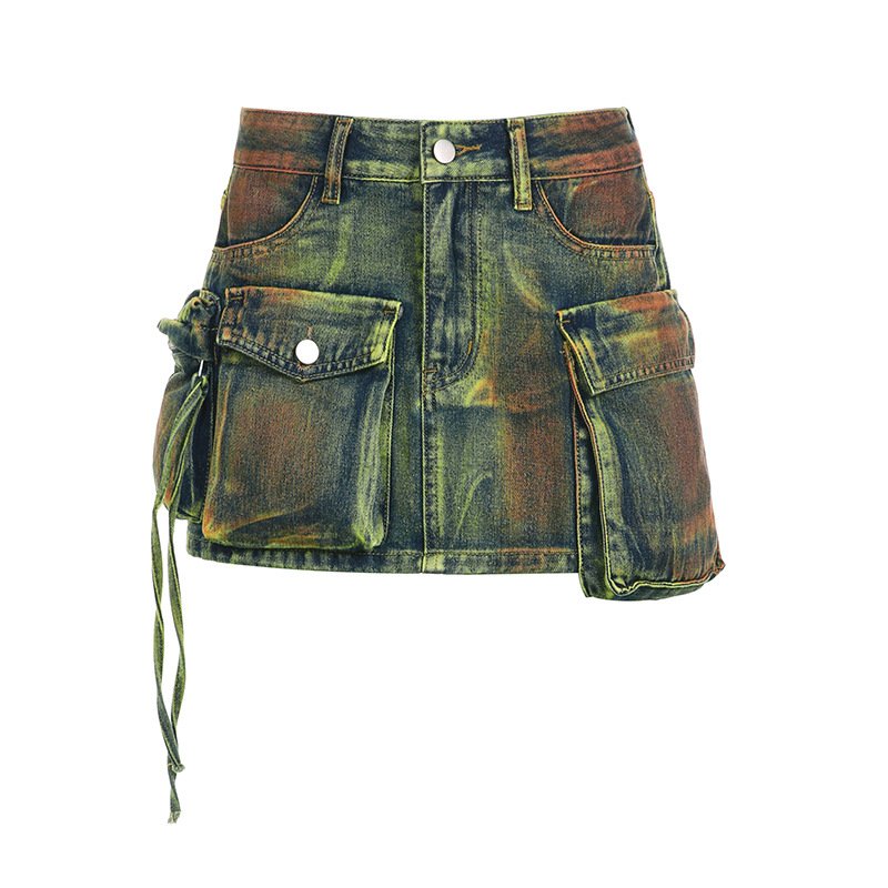 2024 Vintage Style Women's Mini Jean Dress Sexy Tie-Dye Large Pockets High Waist Zipper Slim Straight Denim Skirt