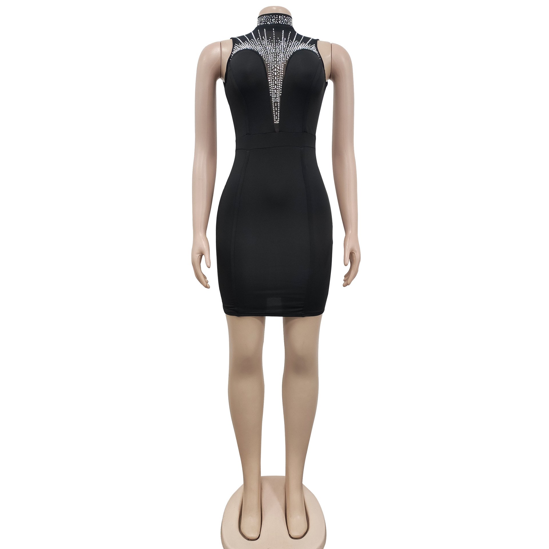 Liu Ming 2023 Elegant Women Fashion Rhinestone Sheer Mesh Sleeveless Party Club Dresses