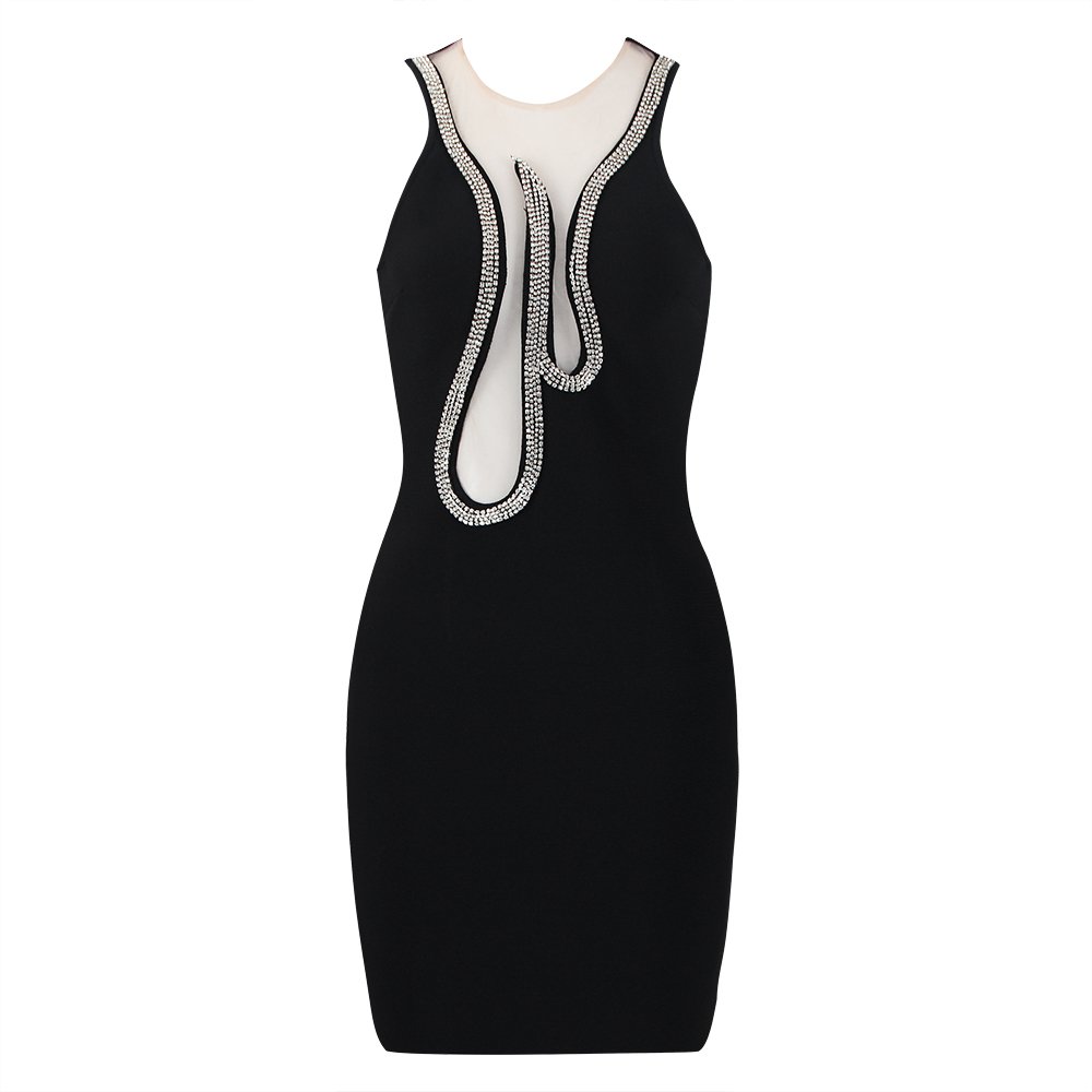 High Quality Sheer Layer Patchwork Rhinestone Bandage Dress Black Elegant Club Party Dresses