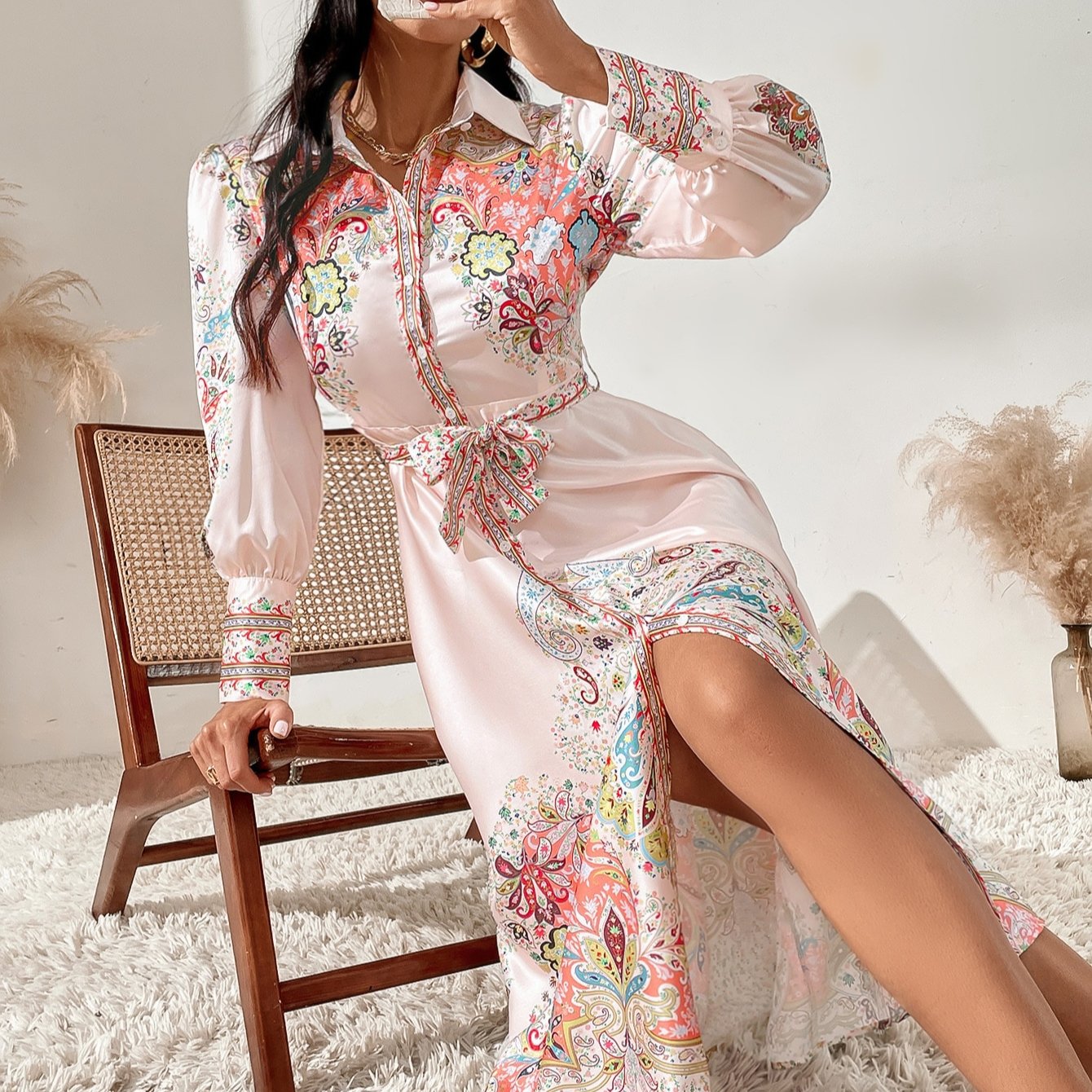 2024 Sexy Design Casual Floral Paisley Button Through Belted Women Embroidery Dress Long Lady Dresses