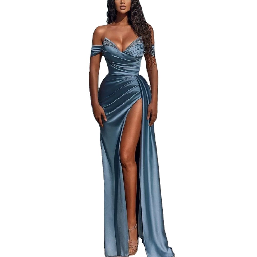 Elegant Mermaid Casual Dress High Slit Prom Dresses Women's Ball Gowns Slit Beaded Formal Evening Party Dress For Women