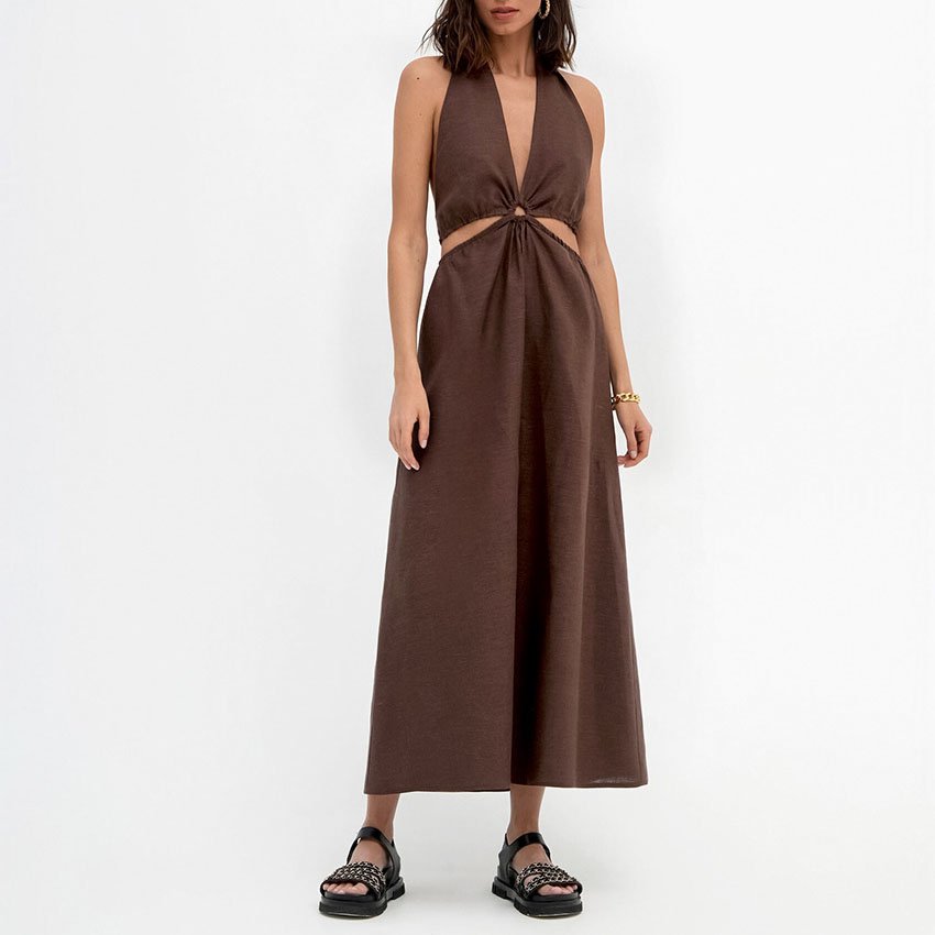 Summer Fashion New Women Cotton Linen Dresses Sexy Hollow Open Back Sleeveless Hanging Neck Brown Dress