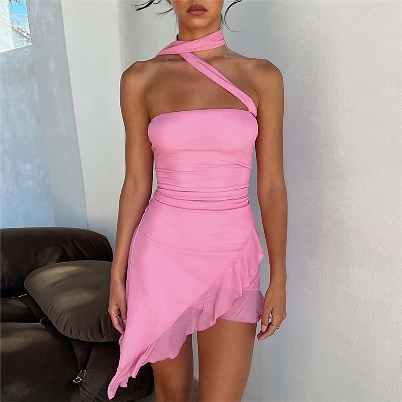 2023 Summer New Women's Hanging Neck Sexy Sleeveless One-shoulder Slim Ruffle Asymmetrical Dresses Women Casual Dresses