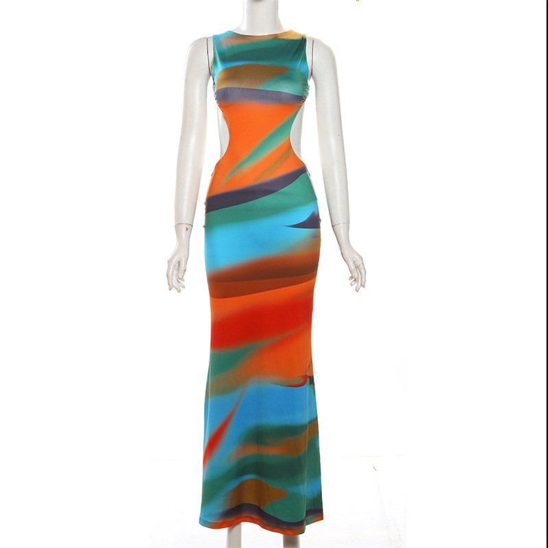Y45211 - fashion printed sleeveless sexy backless bodycon casual maxi dress ladies