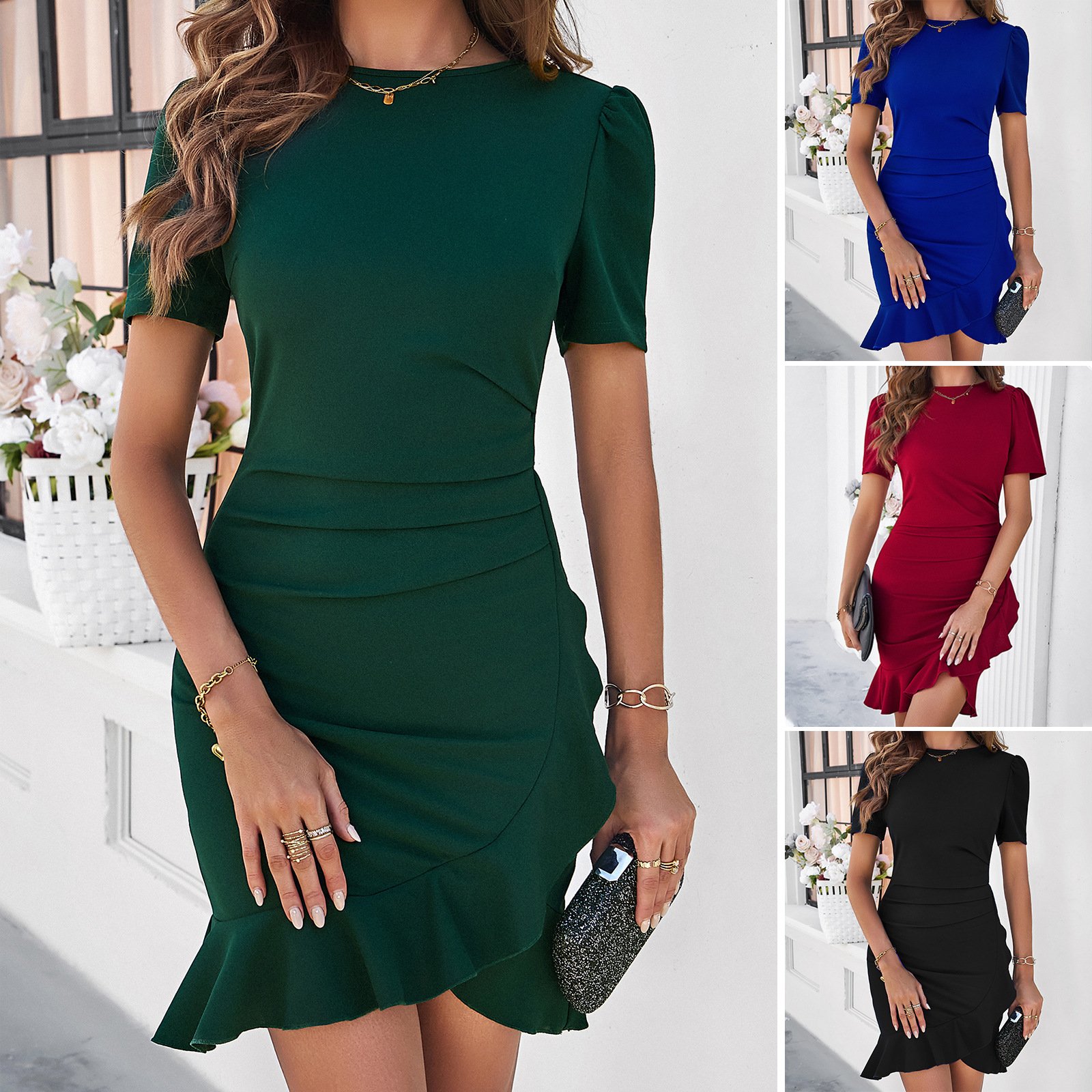 New Women's Sexy Short Sleeve Ruched Casual Sundress Knee Length Bodycon Dress Casual Dresses For Women