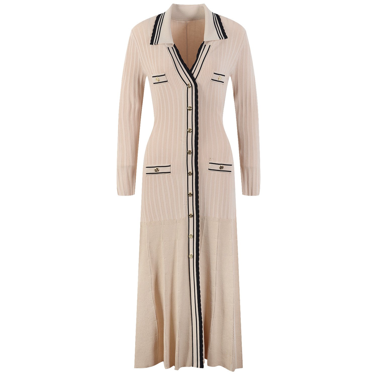 Fashion Design Lapel Metal Button Long Sleeve Sexy Dress Women's Clothing 2024 Knitted Elastic Thin Long Elegant Women's Dresses