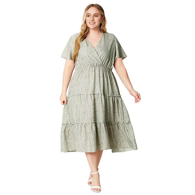 Summer Plus-size Women's Skirt Loose Casual Short-sleeved Waist Flowing Dress V-neck Short-Seeved Floral Casual Dress