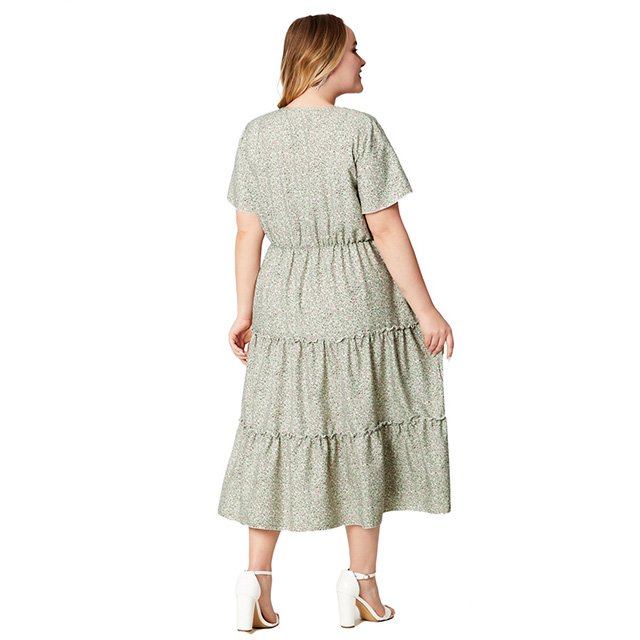 Summer Plus-size Women's Skirt Loose Casual Short-sleeved Waist Flowing Dress V-neck Short-Seeved Floral Casual Dress
