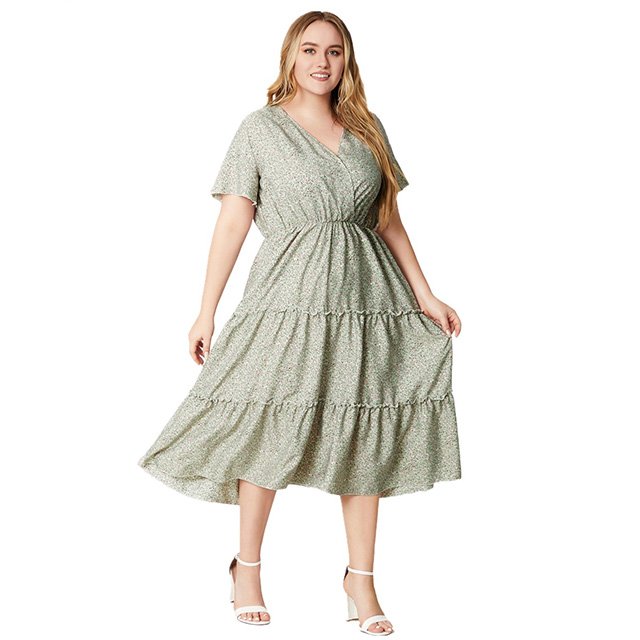 Summer Plus-size Women's Skirt Loose Casual Short-sleeved Waist Flowing Dress V-neck Short-Seeved Floral Casual Dress